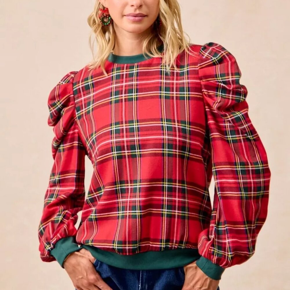 BiBi Christmas Plaid Exaggerated Shoulder Sleeves Top